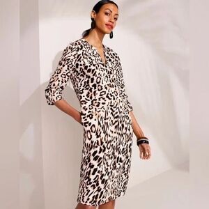 Chico’s 100% Linen Leopard Animal Print Shift Dress Sz 12 Pockets